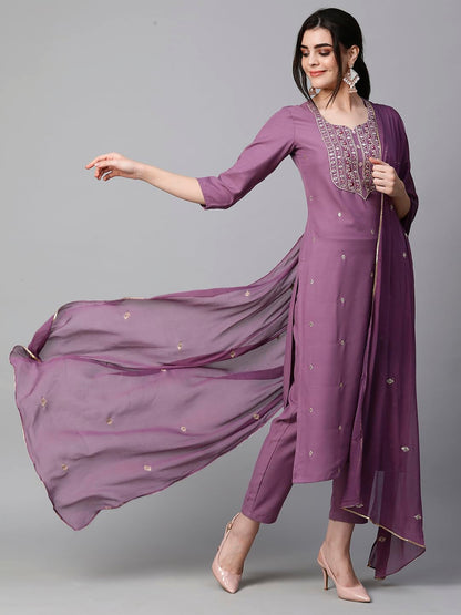 Women's Cotton Blend Embroidered Straight Kurta with Pant & Dupatta