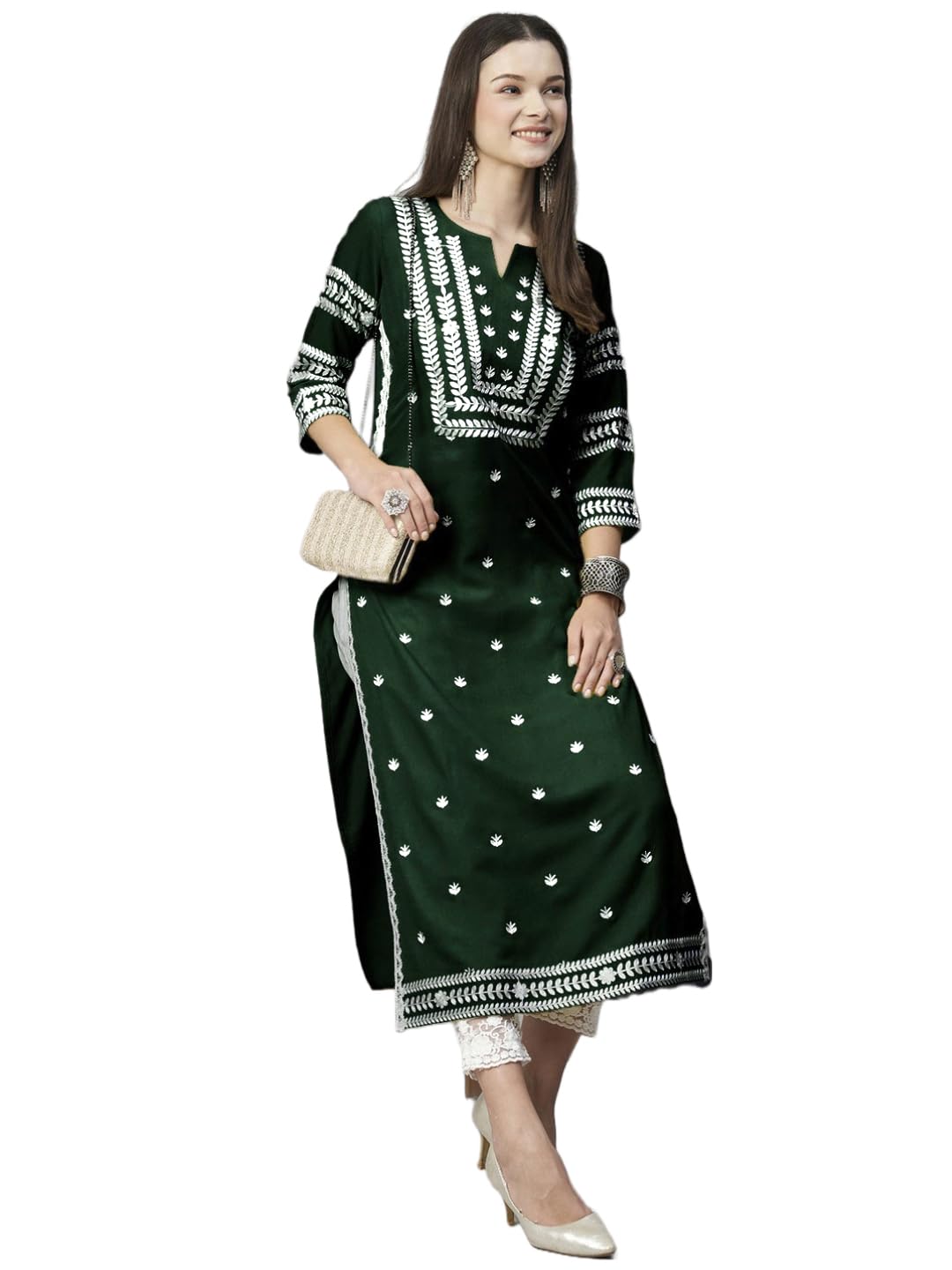 GoSriKi Women's Cotton Blend Embroidered Straight Kurta