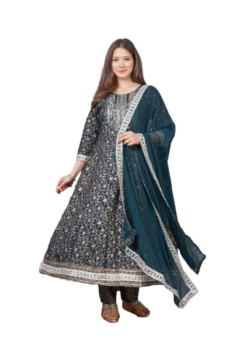 Rangnavi Women Rayon Anarkali Embroidered Printed Kurta Pant and Dupatta Set