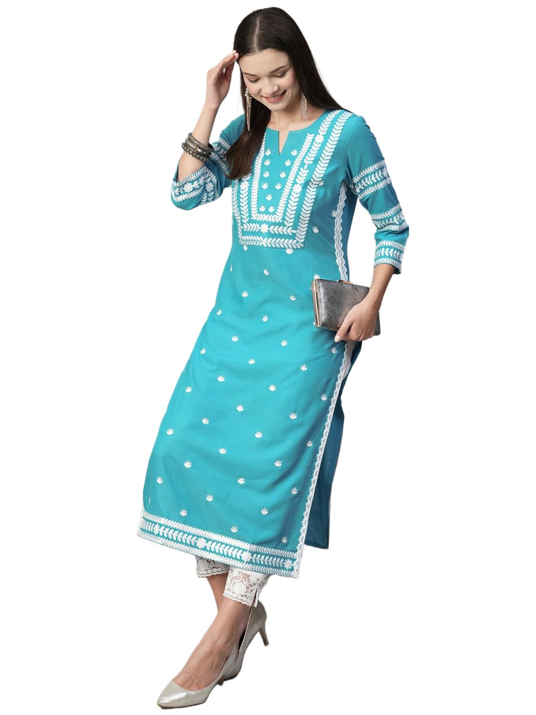 GoSriKi Women's Cotton Blend Embroidered Straight Kurta