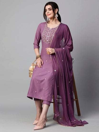 Women's Cotton Blend Embroidered Straight Kurta with Pant & Dupatta