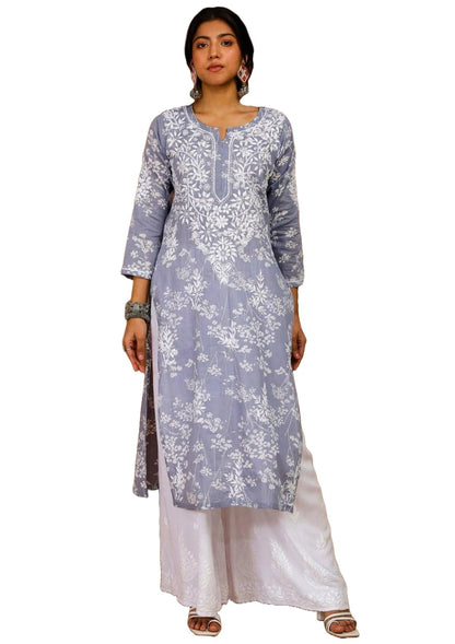 GoSriKi Women's Cotton Blend Chikankari Embroidered Straight Kurta Set