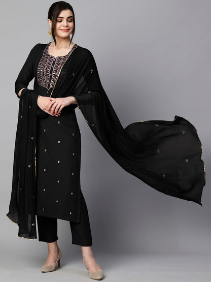 Women's Cotton Blend Embroidered Straight Kurta with Pant & Dupatta