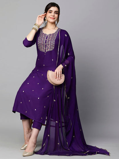 Women's Cotton Blend Embroidered Straight Kurta with Pant & Dupatta