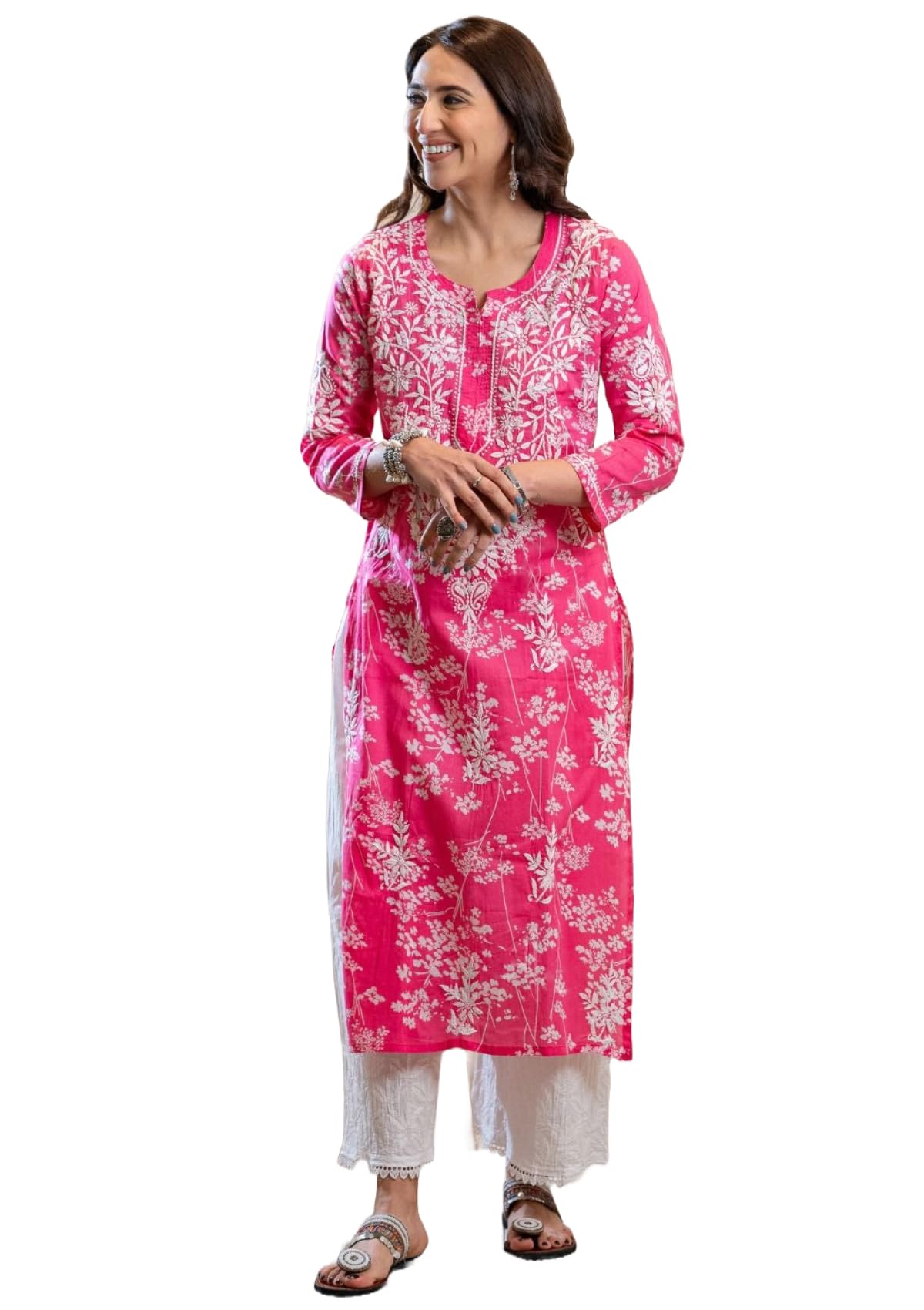 GoSriKi Women's Cotton Blend Chikankari Embroidered Straight Kurta Set