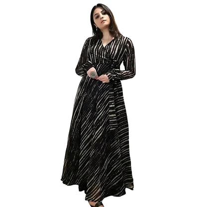 Fashion2wear Women's Georgette Long Sleeve Round Neck All Over Print Maxi Length Anarkali Stitched Gown for Girls.