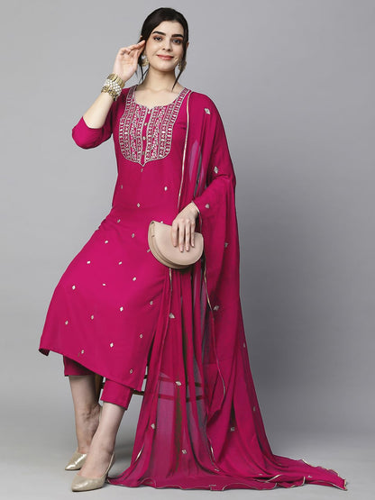 Women's Cotton Blend Embroidered Straight Kurta with Pant & Dupatta