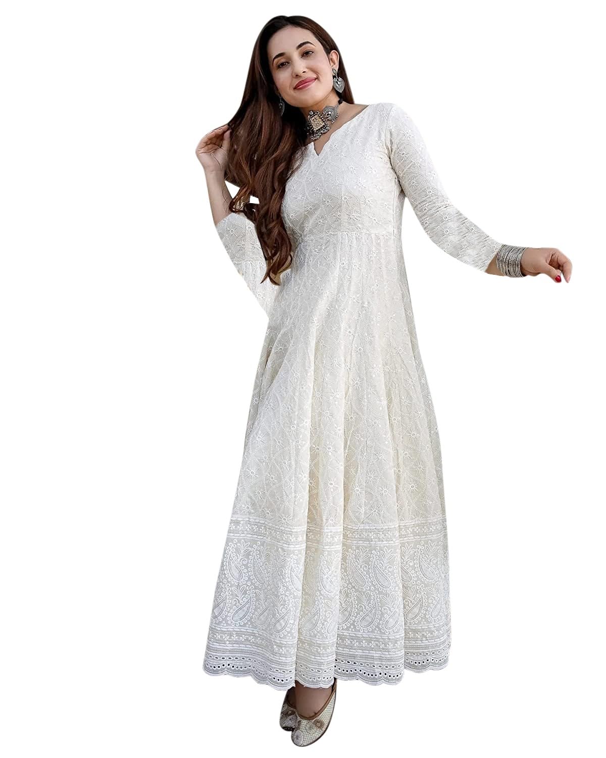 LookMark Women's & Girl's Straight Cotton Chikankari Long Kurti Gown