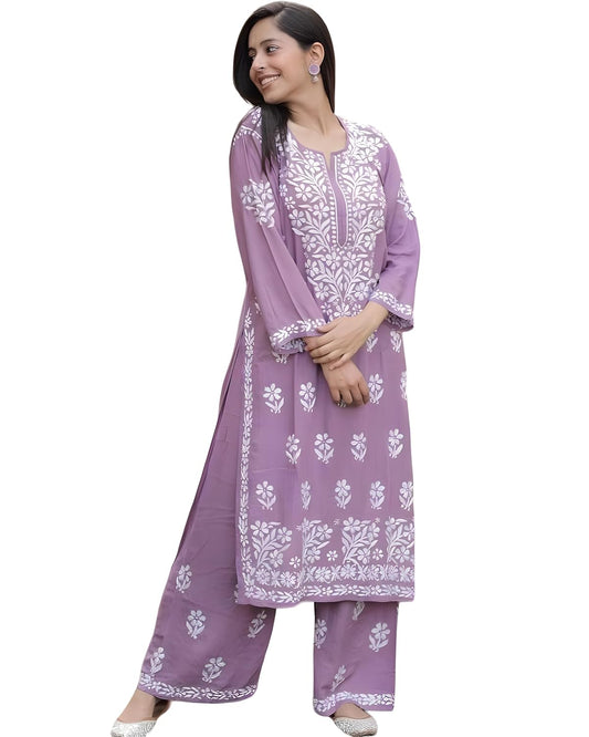 BHARVITA Women's Cotton Blend Lucknowi Embroidered Chikankari Straight Kurta with Pant Set