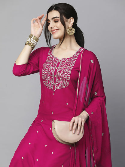 Women's Cotton Blend Embroidered Straight Kurta with Pant & Dupatta