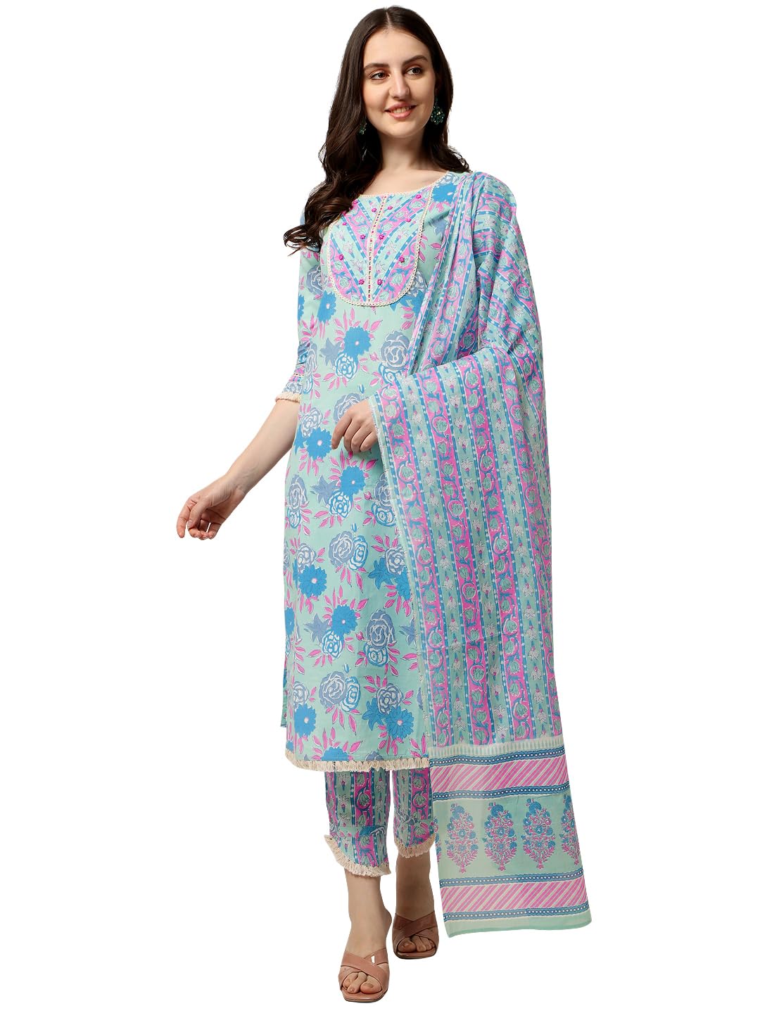 Women's Straight Fit Cotton Floral Printed and Embellished Kurta Set with Trouser Pant and Dupatta