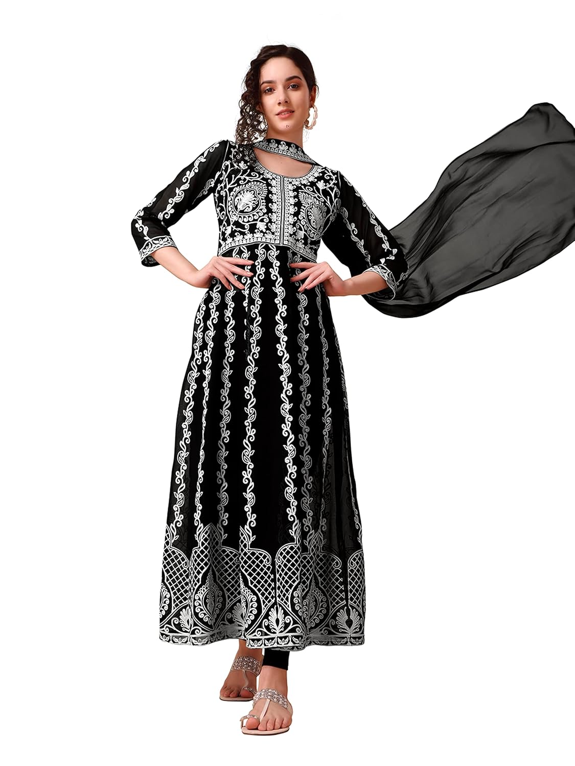 EthnicJunction Women's Georgette Chikankari Embroidery Anarkali Kurta & Dupatta Set