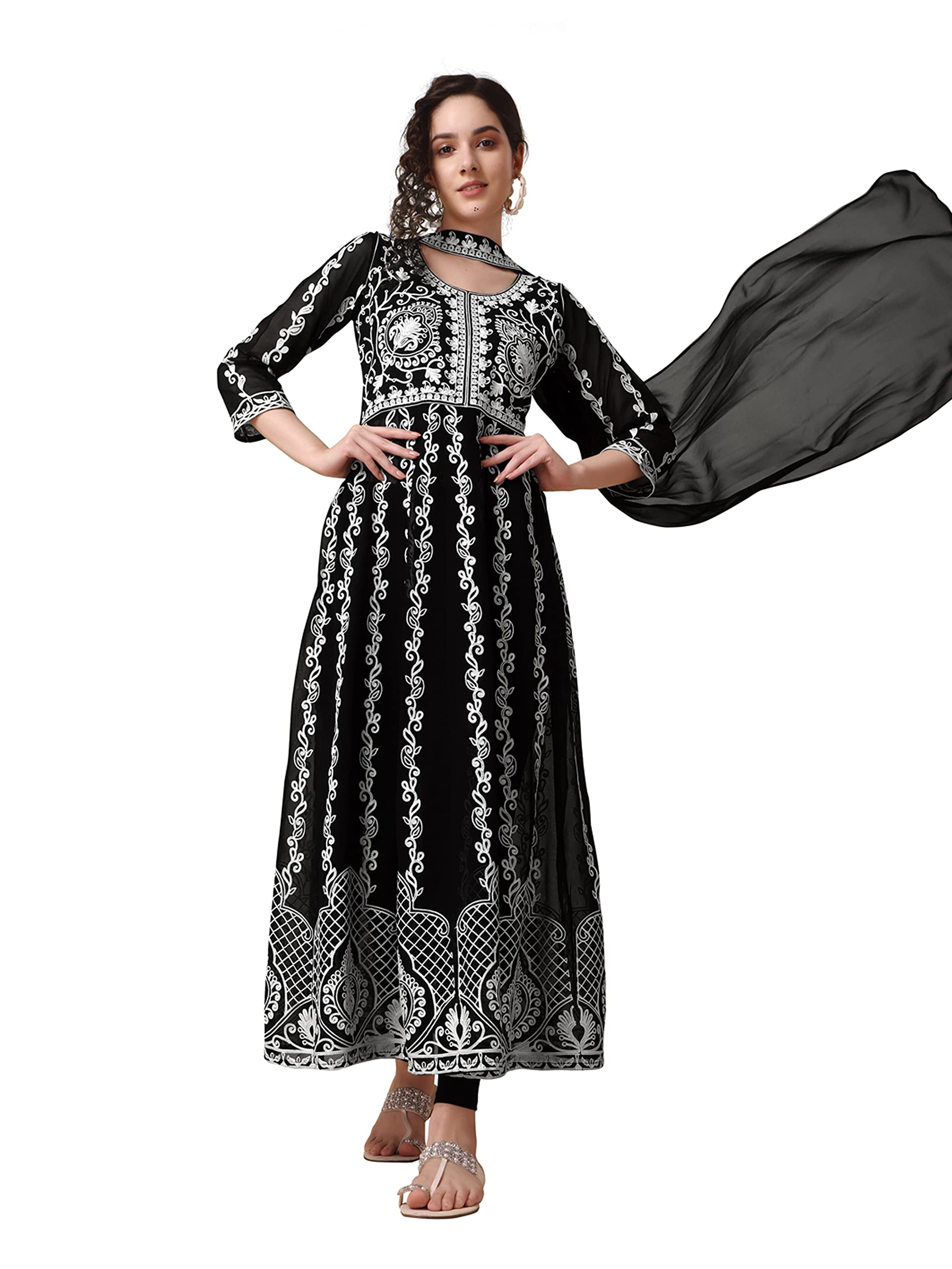 EthnicJunction Women's Georgette Chikankari Embroidery Anarkali Kurta & Dupatta Set