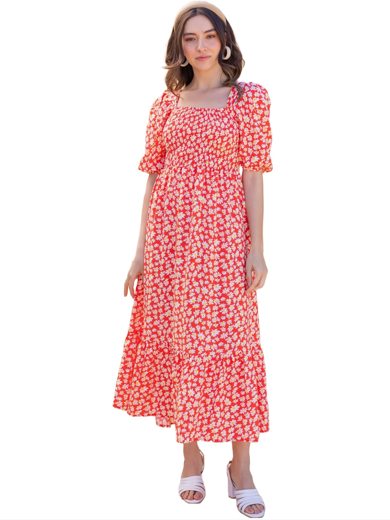 Sheetal Associates Women's Casual Flower Print Puff Sleeves Maxi Dress - Pack of 1