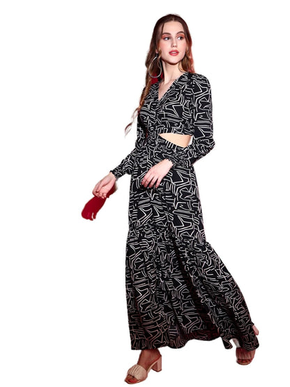 Laccy Floral Print Maxi Dress with Long Puff Sleeves, V-Neck