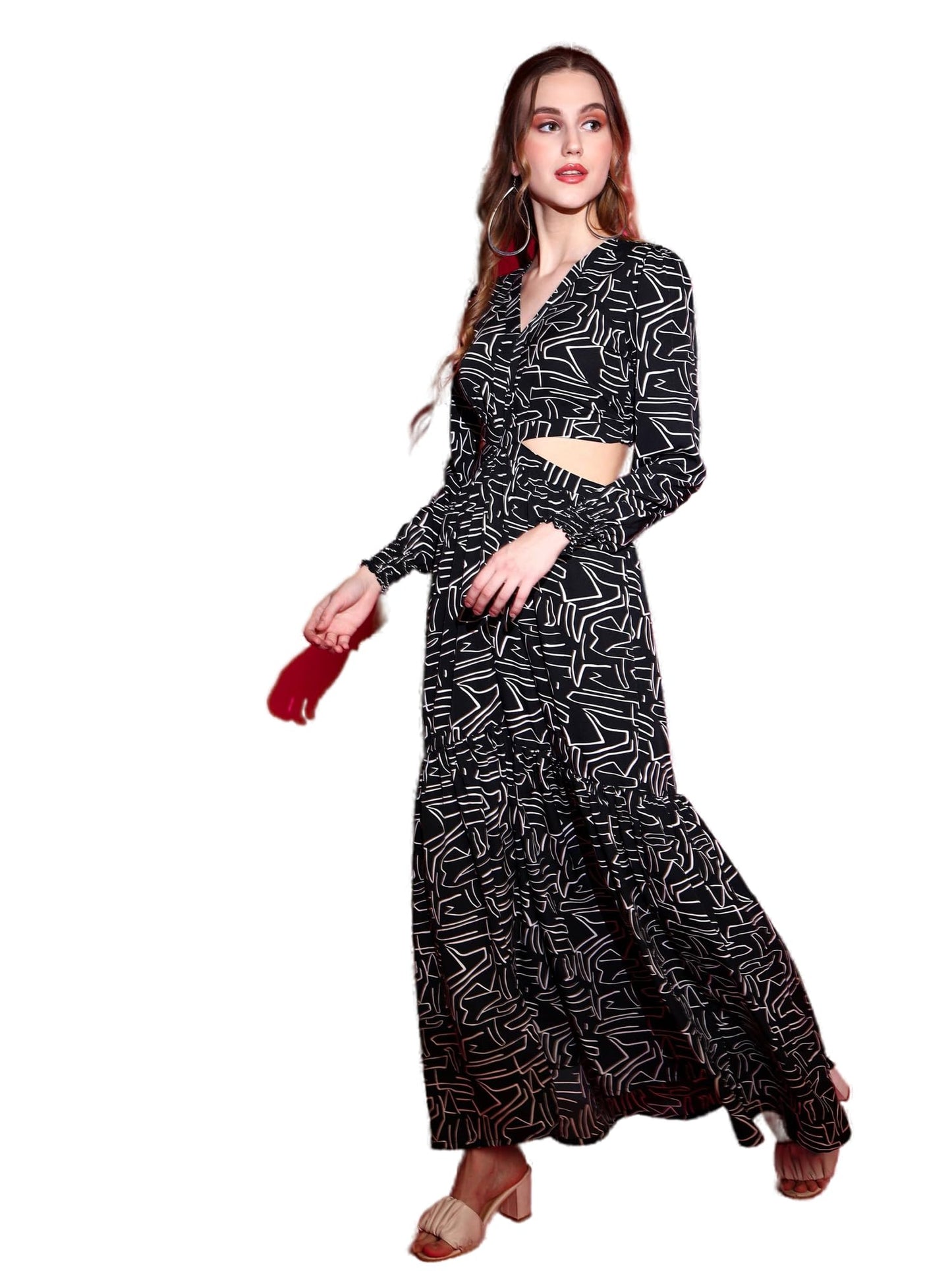 Laccy Floral Print Maxi Dress with Long Puff Sleeves, V-Neck