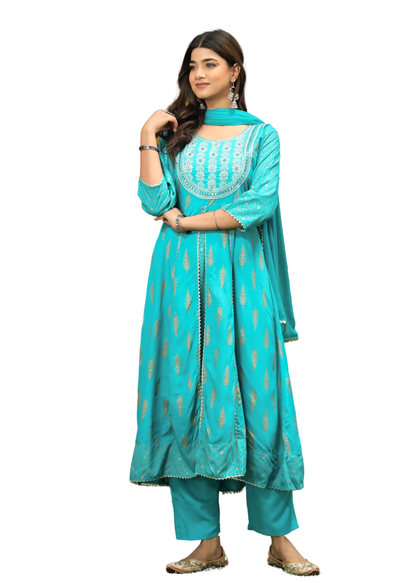 Rayon Printed Kurta with Pants & Dupatta Set for Women Long Middle Cut Kurtis