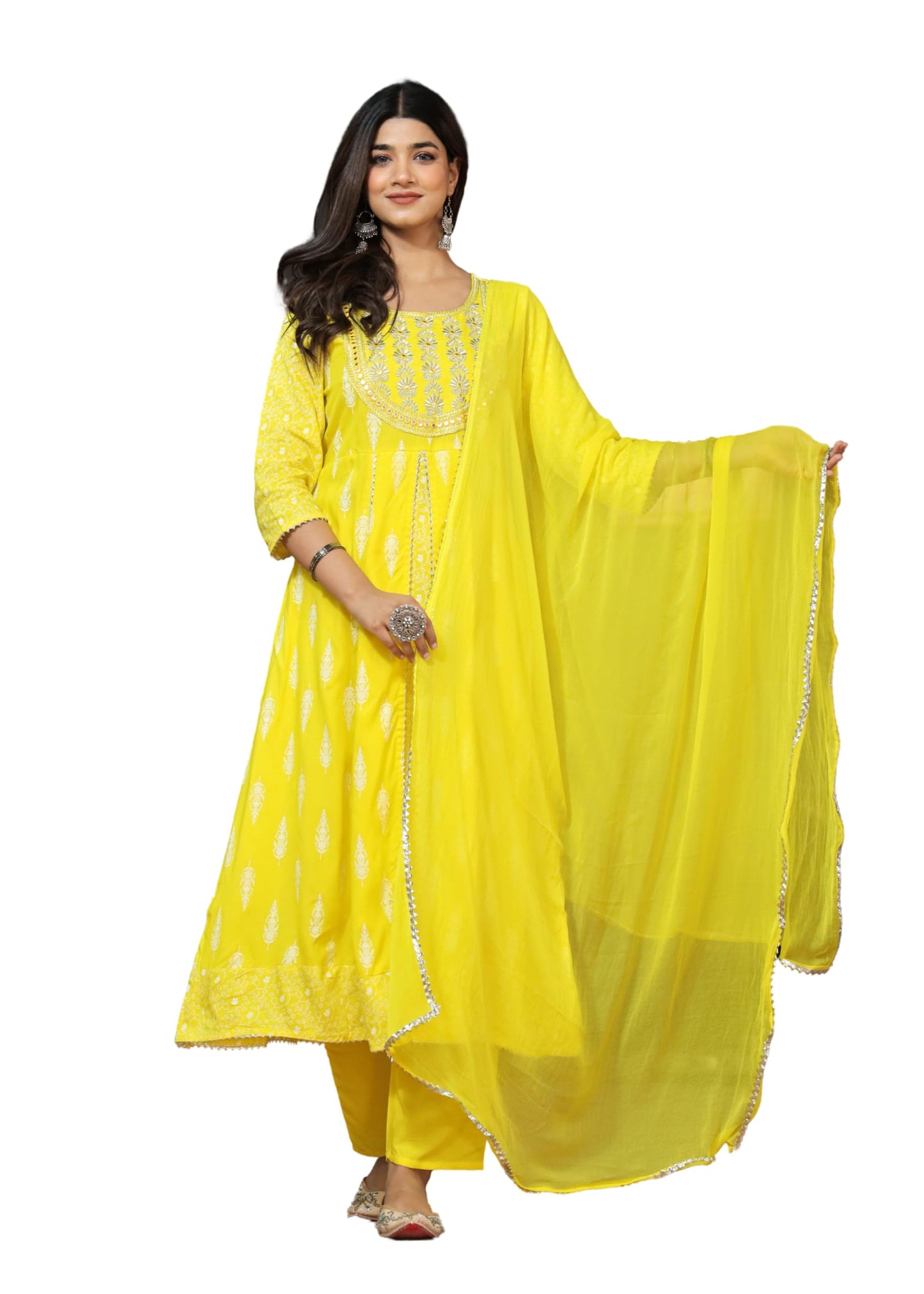 Rayon Printed Kurta with Pants & Dupatta Set for Women Long Middle Cut Kurtis