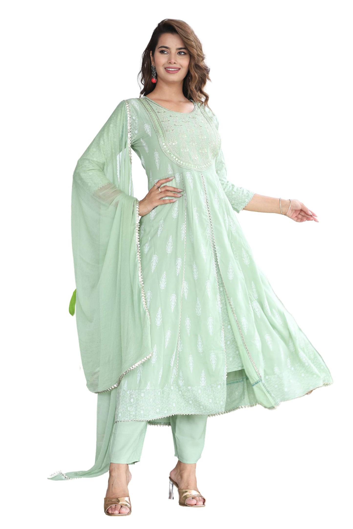 Rayon Printed Kurta with Pants & Dupatta Set for Women Long Middle Cut Kurtis