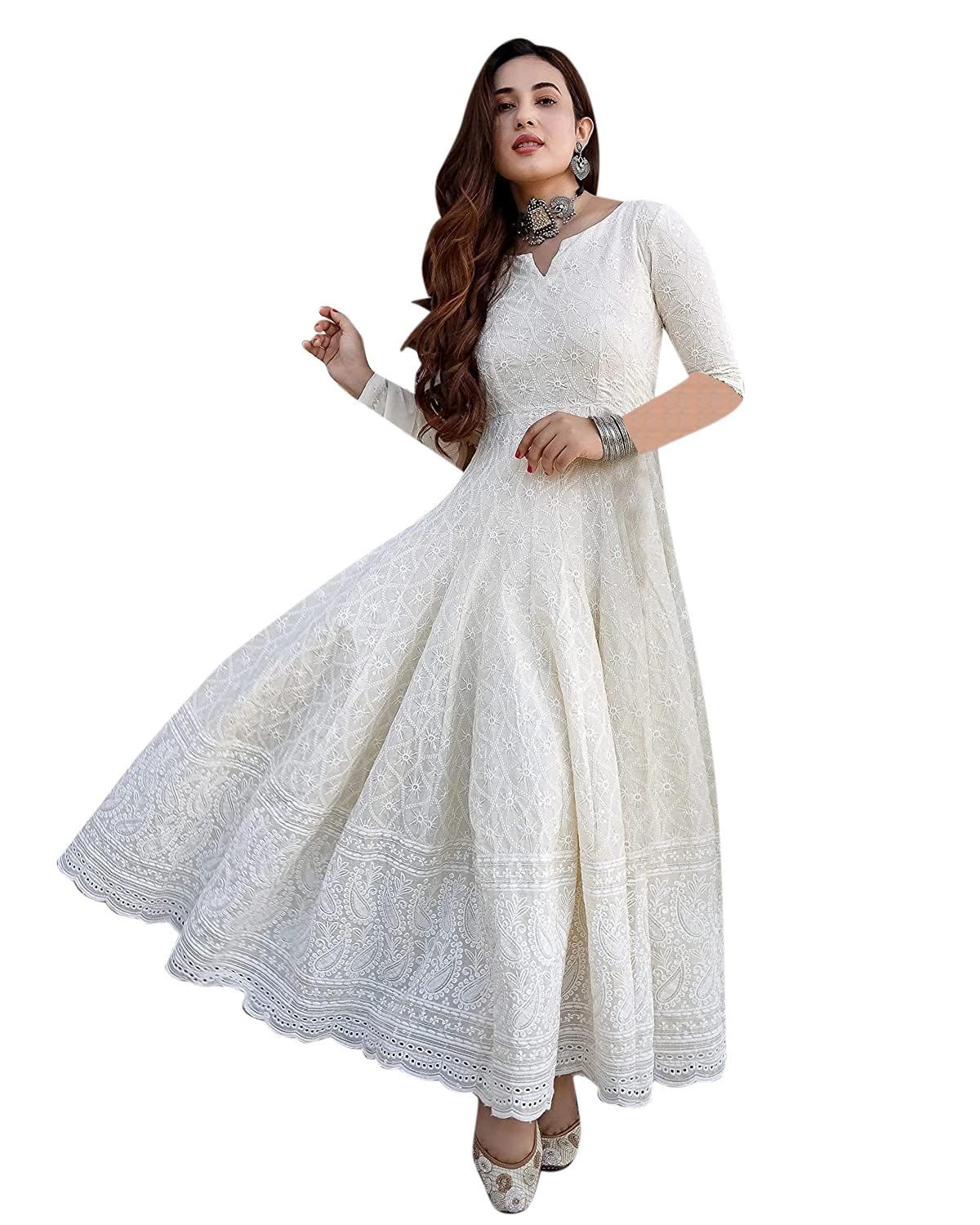 LookMark Women's & Girl's Straight Cotton Chikankari Long Kurti Gown