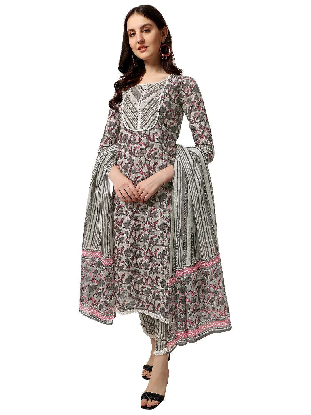 Women's Straight Fit Cotton Floral Printed and Embellished Kurta Set with Trouser Pant and Dupatta