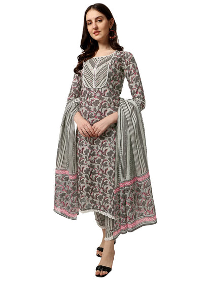 Women's Straight Fit Cotton Floral Printed and Embellished Kurta Set with Trouser Pant and Dupatta