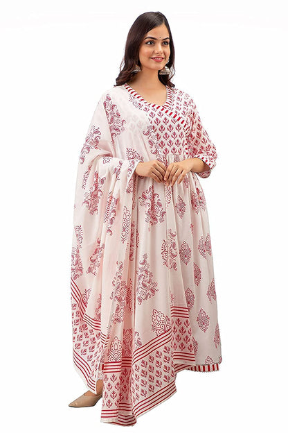 MEERA FAB Women's Cotton Printed White Anarkali Kurta with Palazzo & Dupatta Set