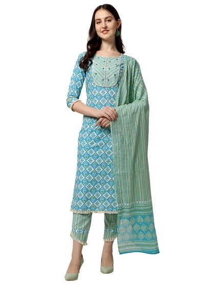 Women's Straight Fit Cotton Floral Printed and Embellished Kurta Set with Trouser Pant and Dupatta