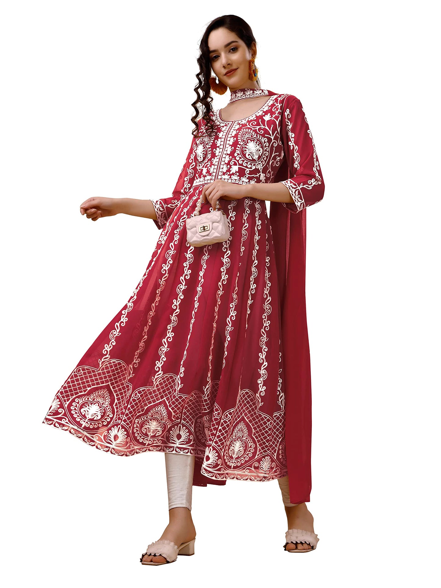 EthnicJunction Women's Georgette Chikankari Embroidery Anarkali Kurta & Dupatta Set