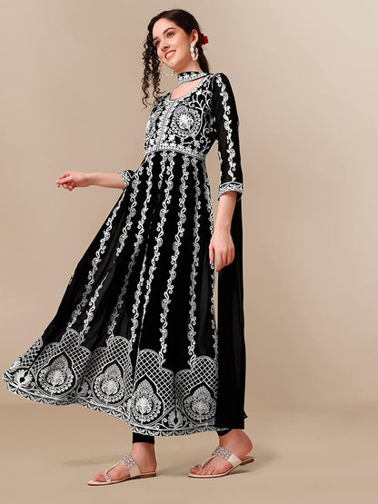 EthnicJunction Women's Georgette Chikankari Embroidery Anarkali Kurta & Dupatta Set