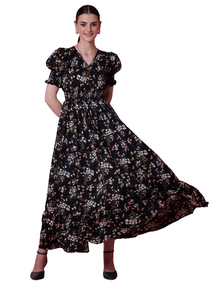 Honky Tonky Women's Fit and Flare Floral Print Crepe Puff Sleeves Casual Dress