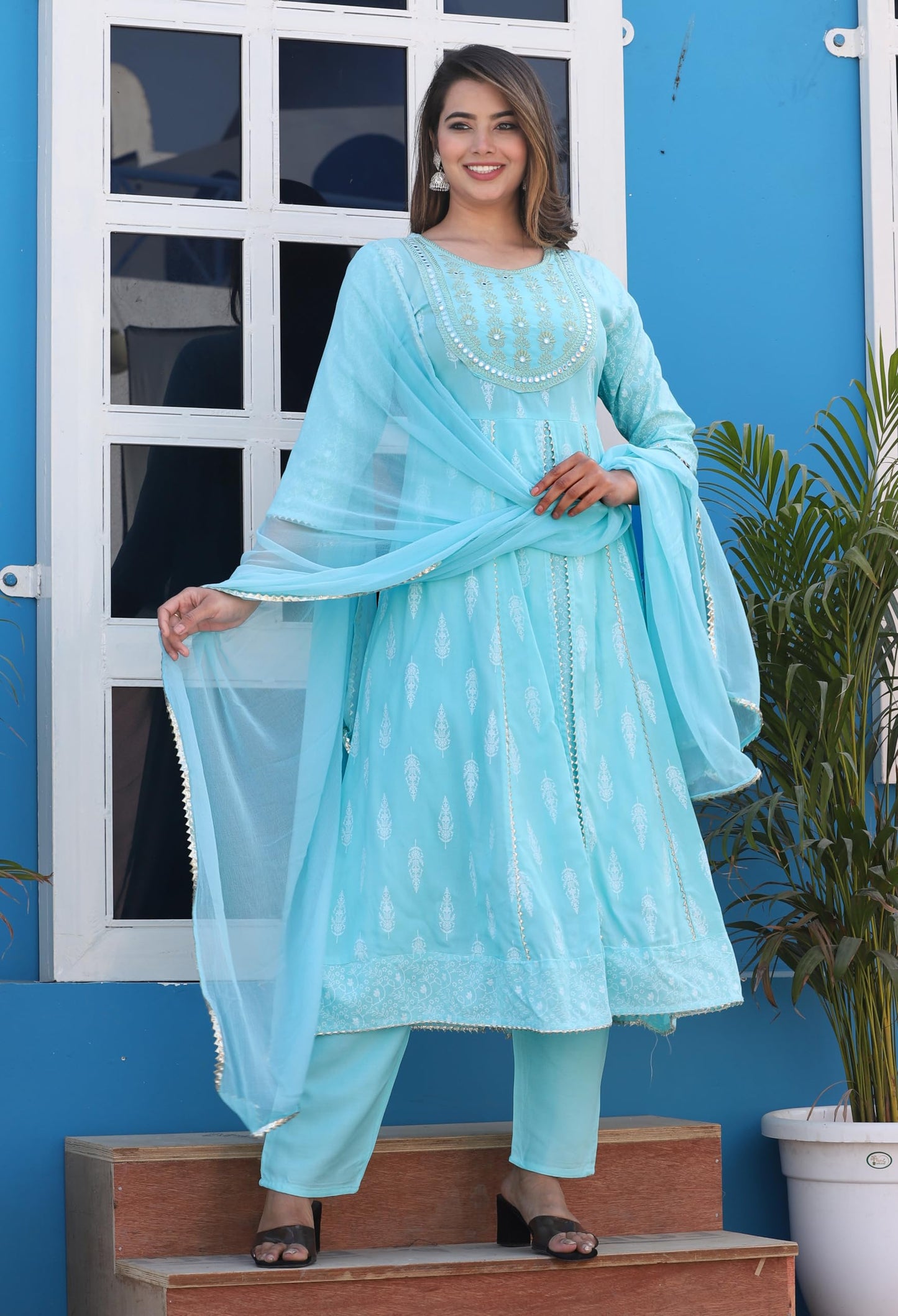 Rayon Printed Kurta with Pants & Dupatta Set for Women Long Middle Cut Kurtis