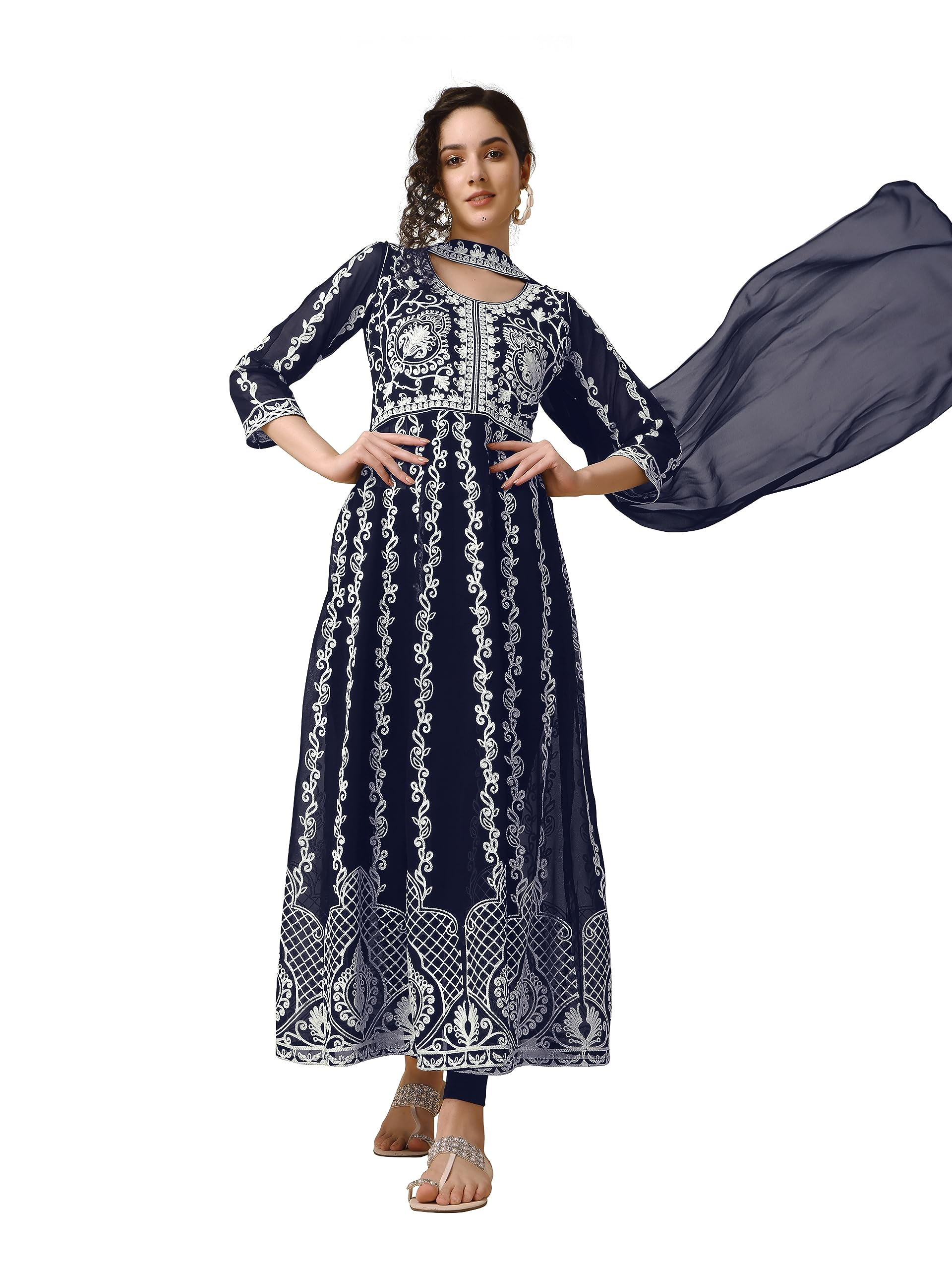 EthnicJunction Women's Georgette Chikankari Embroidery Anarkali Kurta & Dupatta Set