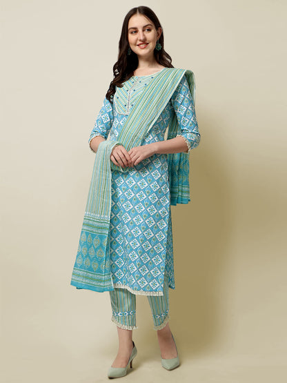 Women's Straight Fit Cotton Floral Printed and Embellished Kurta Set with Trouser Pant and Dupatta