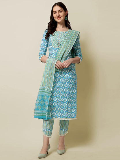 Women's Straight Fit Cotton Floral Printed and Embellished Kurta Set with Trouser Pant and Dupatta