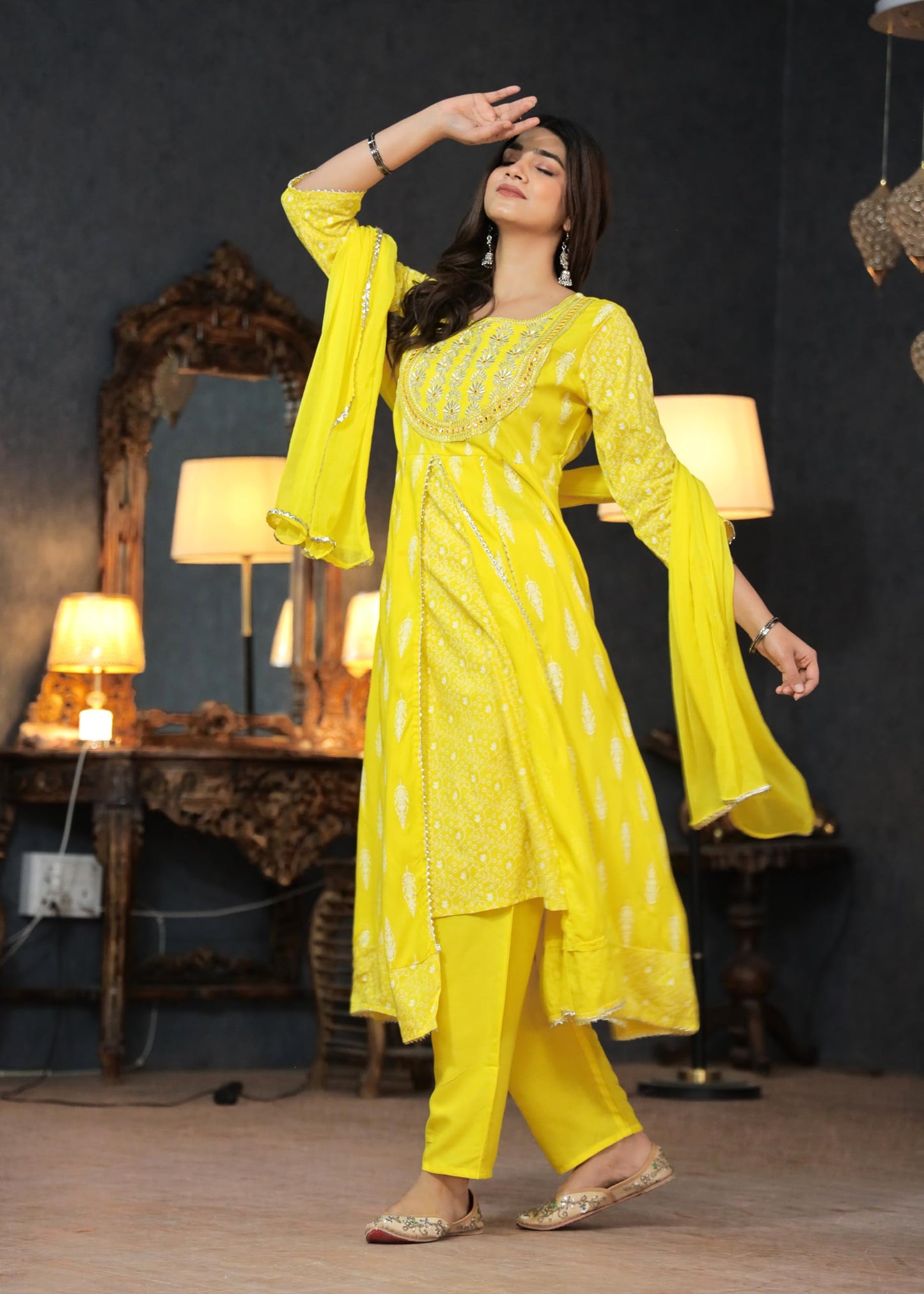 Rayon Printed Kurta with Pants & Dupatta Set for Women Long Middle Cut Kurtis