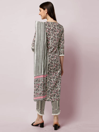 Women's Straight Fit Cotton Floral Printed and Embellished Kurta Set with Trouser Pant and Dupatta