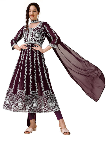 EthnicJunction Women's Georgette Chikankari Embroidery Anarkali Kurta & Dupatta Set