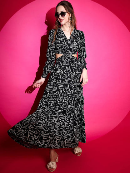 Laccy Floral Print Maxi Dress with Long Puff Sleeves, V-Neck