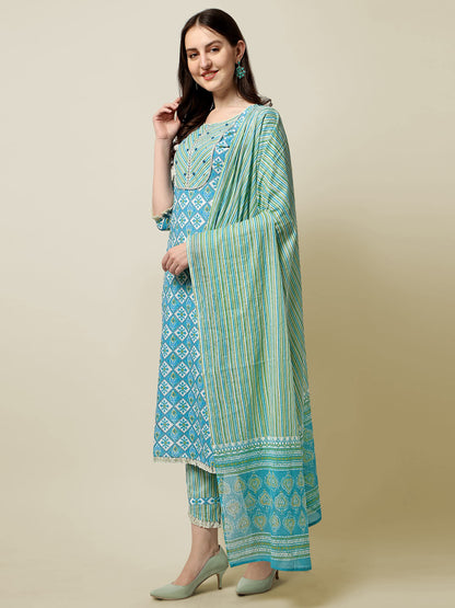 Women's Straight Fit Cotton Floral Printed and Embellished Kurta Set with Trouser Pant and Dupatta