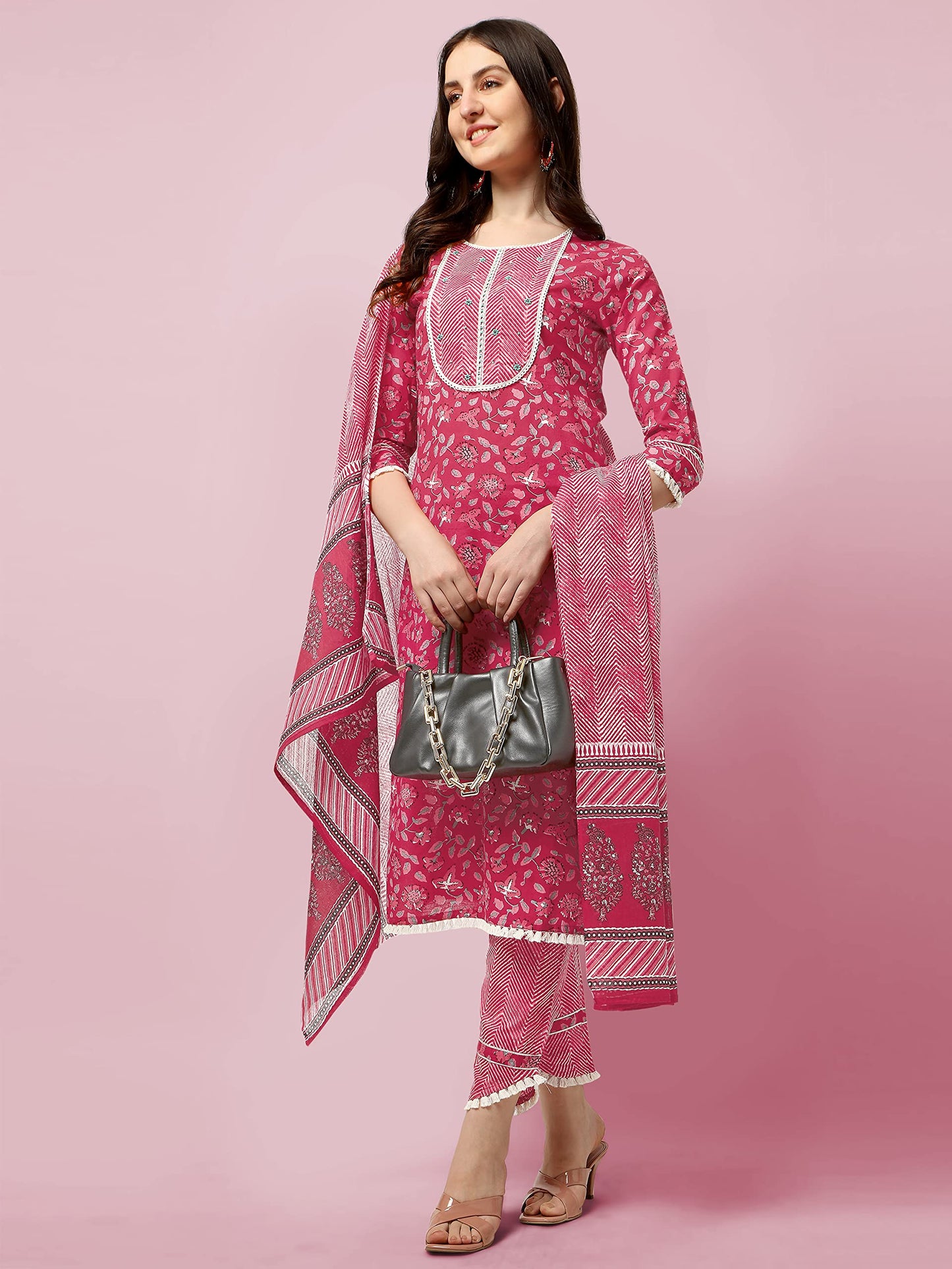 Women's Straight Fit Cotton Floral Printed and Embellished Kurta Set with Trouser Pant and Dupatta