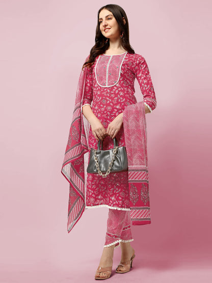 Women's Straight Fit Cotton Floral Printed and Embellished Kurta Set with Trouser Pant and Dupatta