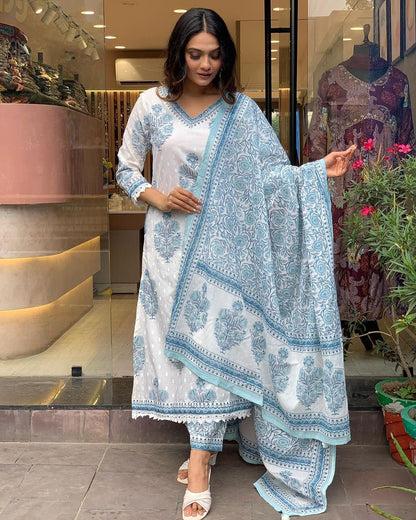 Nermosa Women Cotton Block Printed Kurta Pant With Dupatta