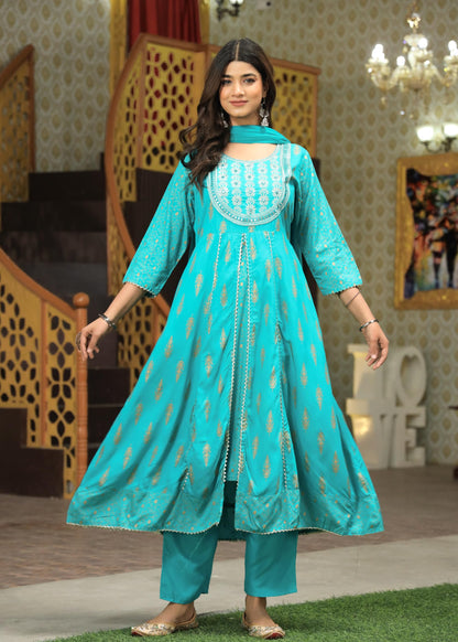 Rayon Printed Kurta with Pants & Dupatta Set for Women Long Middle Cut Kurtis