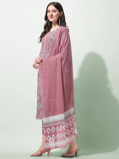 Women's Straight Fit Cotton Floral Printed and Embellished Kurta Set with Trouser Pant and Dupatta