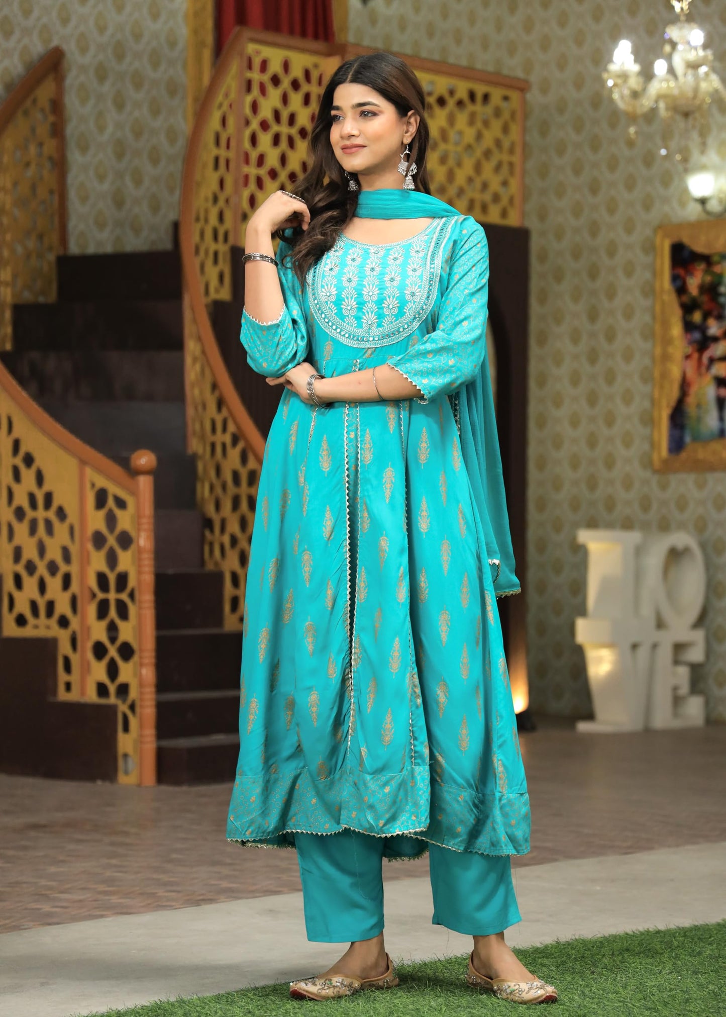 Rayon Printed Kurta with Pants & Dupatta Set for Women Long Middle Cut Kurtis