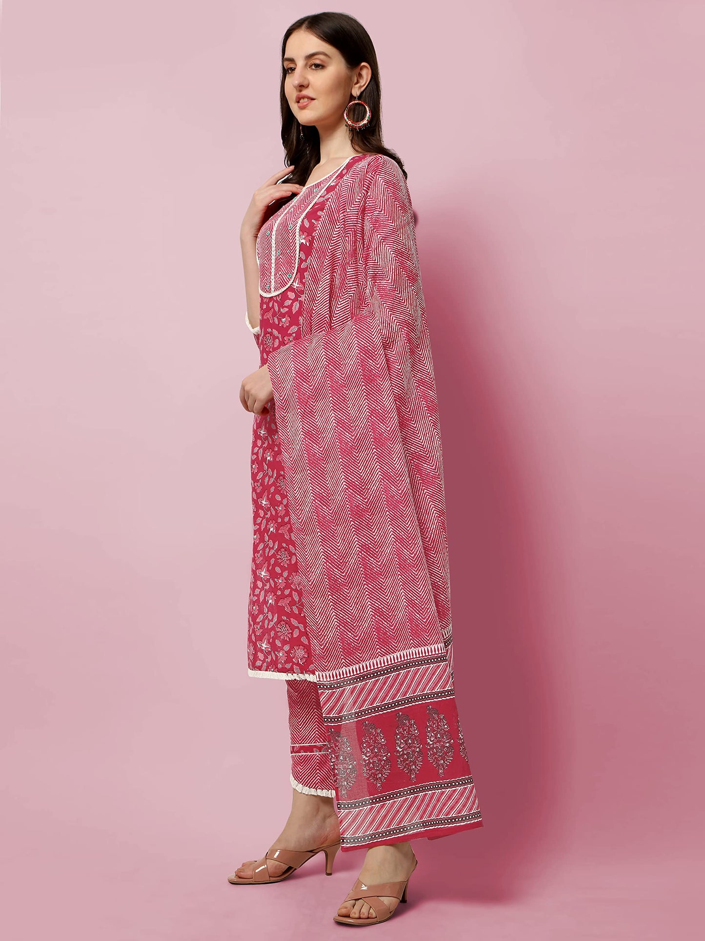 Women's Straight Fit Cotton Floral Printed and Embellished Kurta Set with Trouser Pant and Dupatta