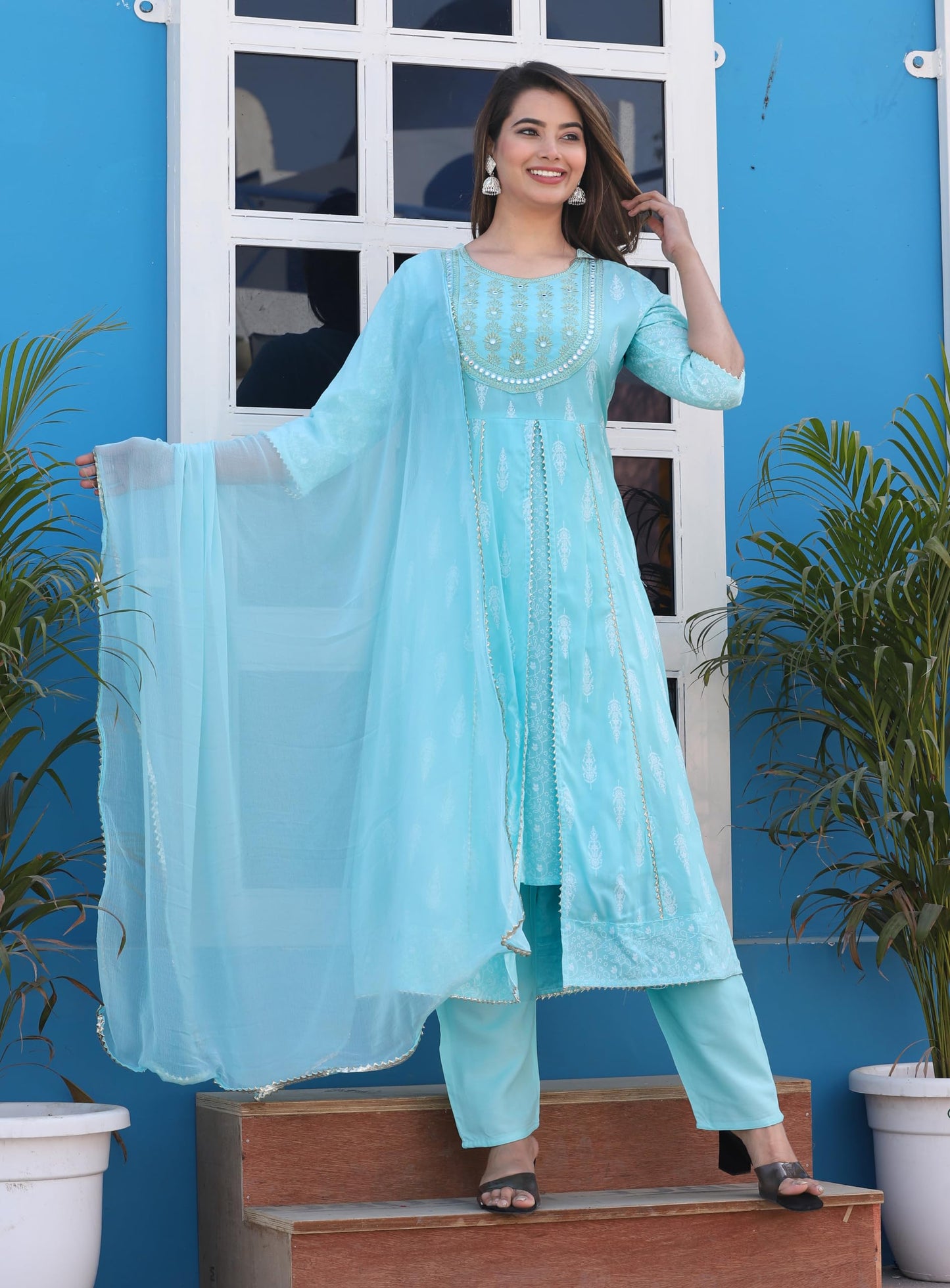 Rayon Printed Kurta with Pants & Dupatta Set for Women Long Middle Cut Kurtis