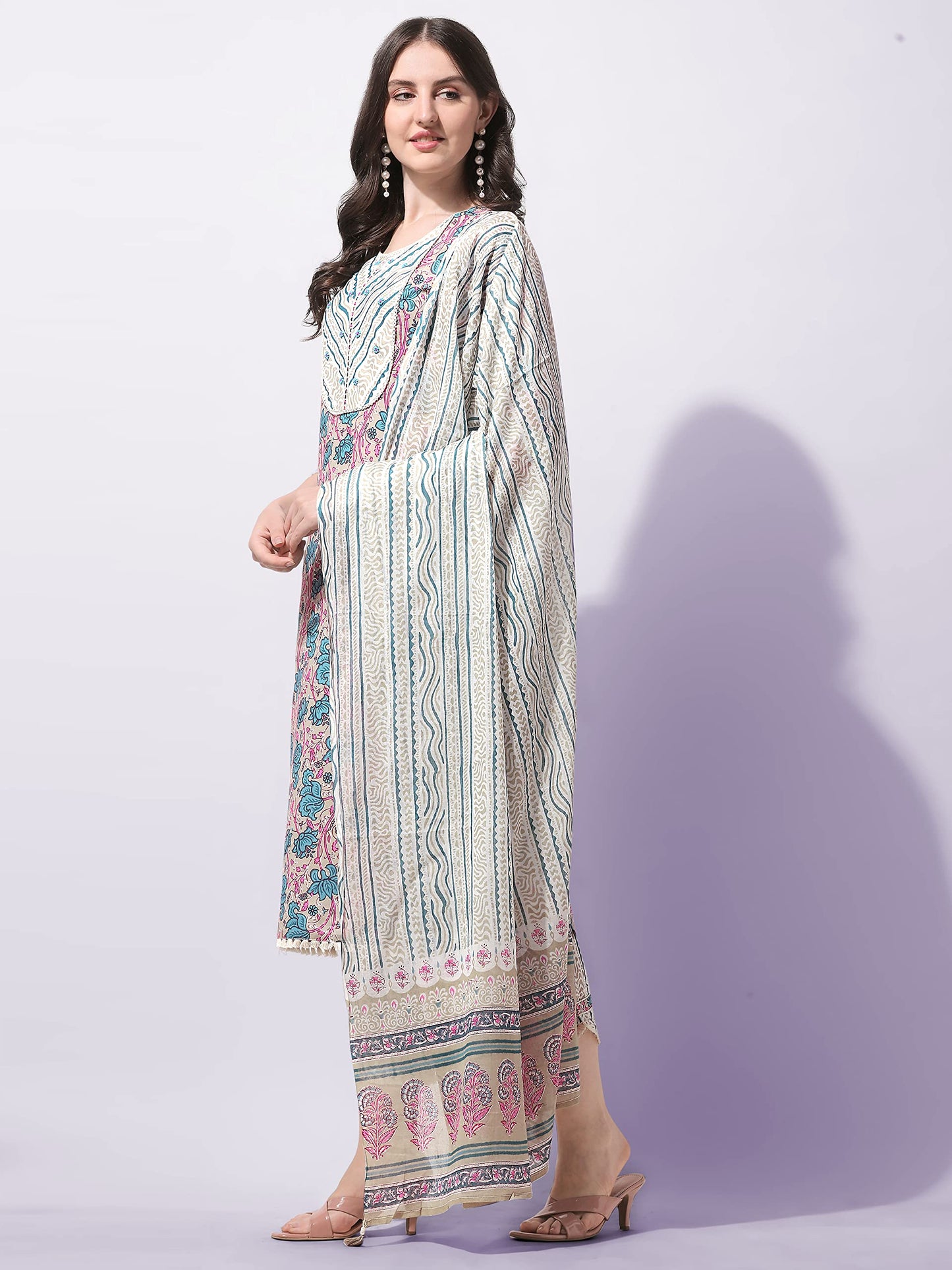 Women's Straight Fit Cotton Floral Printed and Embellished Kurta Set with Trouser Pant and Dupatta