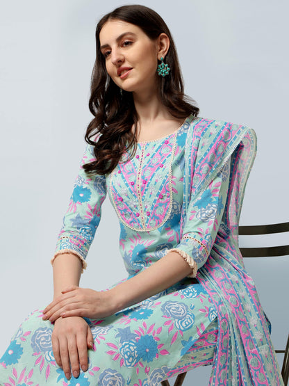 Women's Straight Fit Cotton Floral Printed and Embellished Kurta Set with Trouser Pant and Dupatta